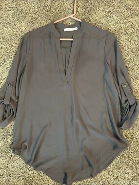 Lush Slate Gray Notch-Neck Roll-Sleeve Tunic